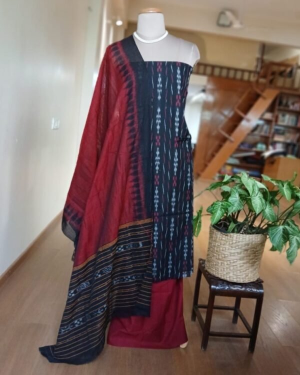Cotton Salwar Set (3-piece) in Odisha Ikat - Black and Maroon