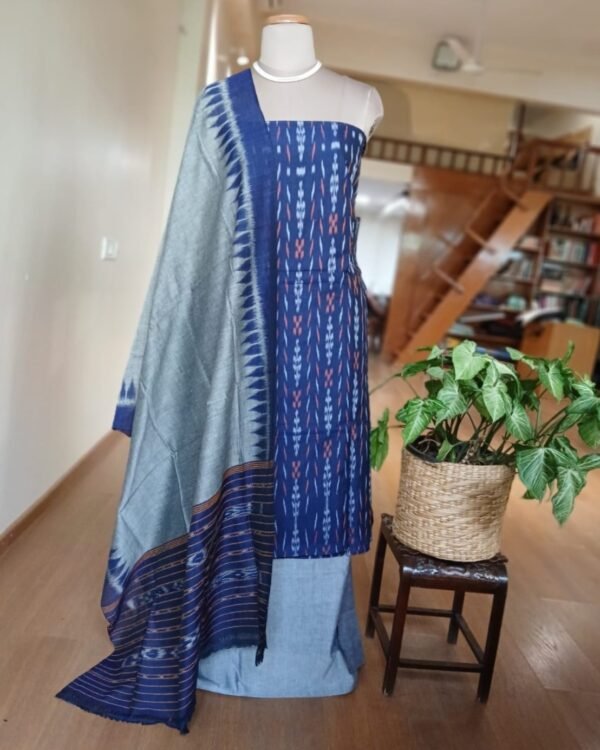 Cotton Salwar Set (3-piece) in Odisha Ikat - Blue and Grey