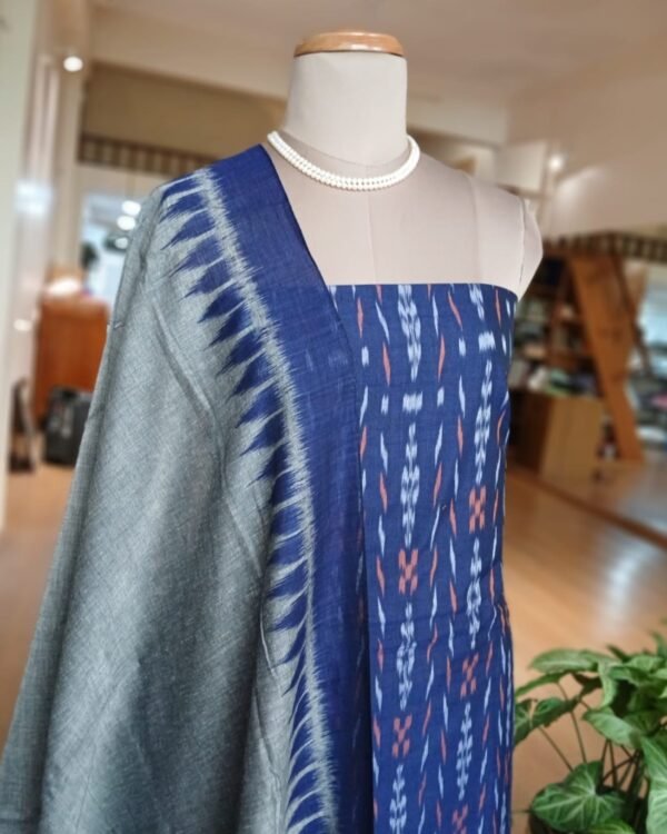 Cotton Salwar Set (3-piece) in Odisha Ikat - Blue and Grey - Image 2