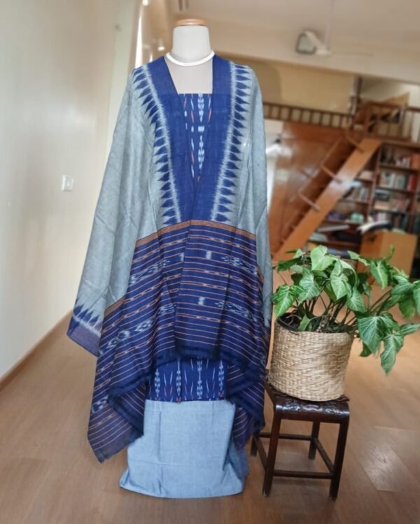 Cotton Salwar Set (3-piece) in Odisha Ikat - Blue and Grey - Image 4