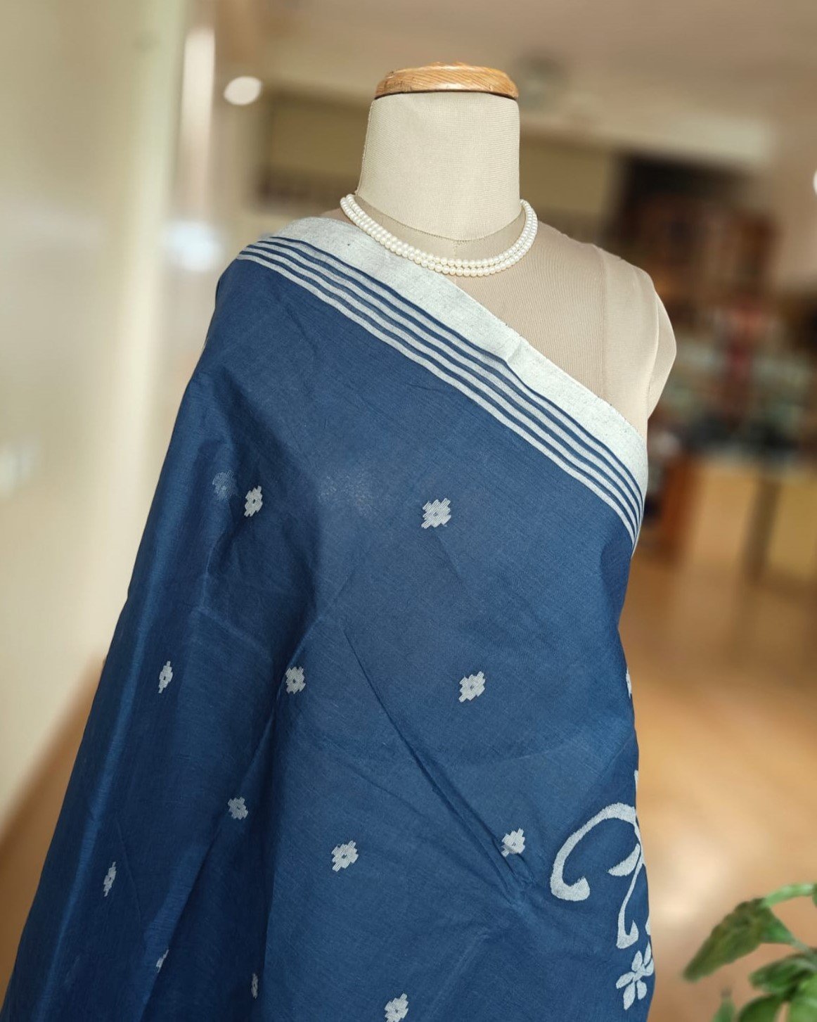 Hand Jamdani Crisp Cotton - Navy Blue