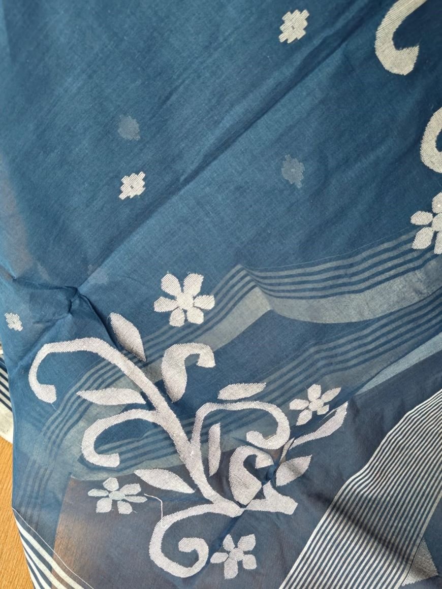 Hand Jamdani Crisp Cotton - Navy Blue - Image 5