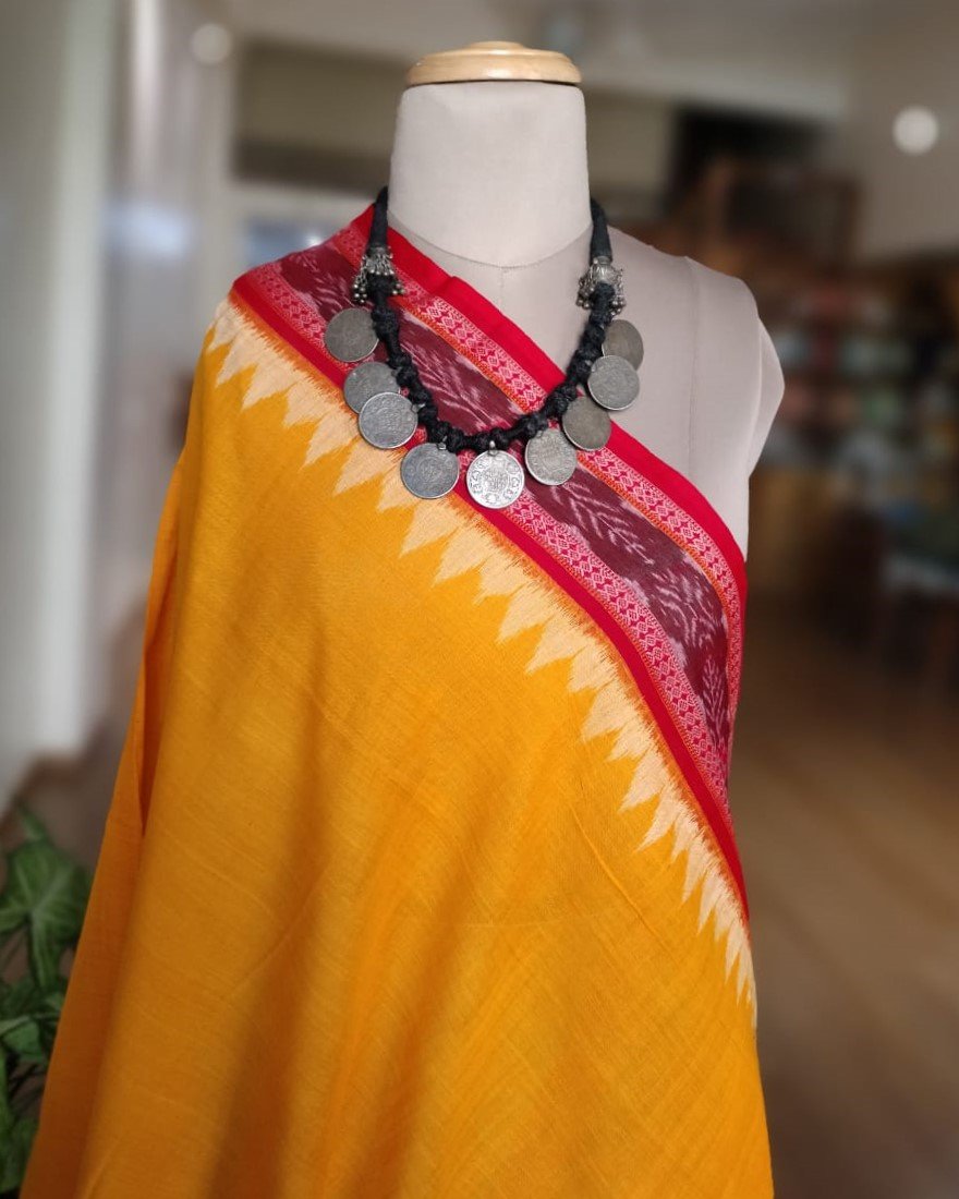 Single Ikat Odisha Dupatta - Yellow and Red - Image 5