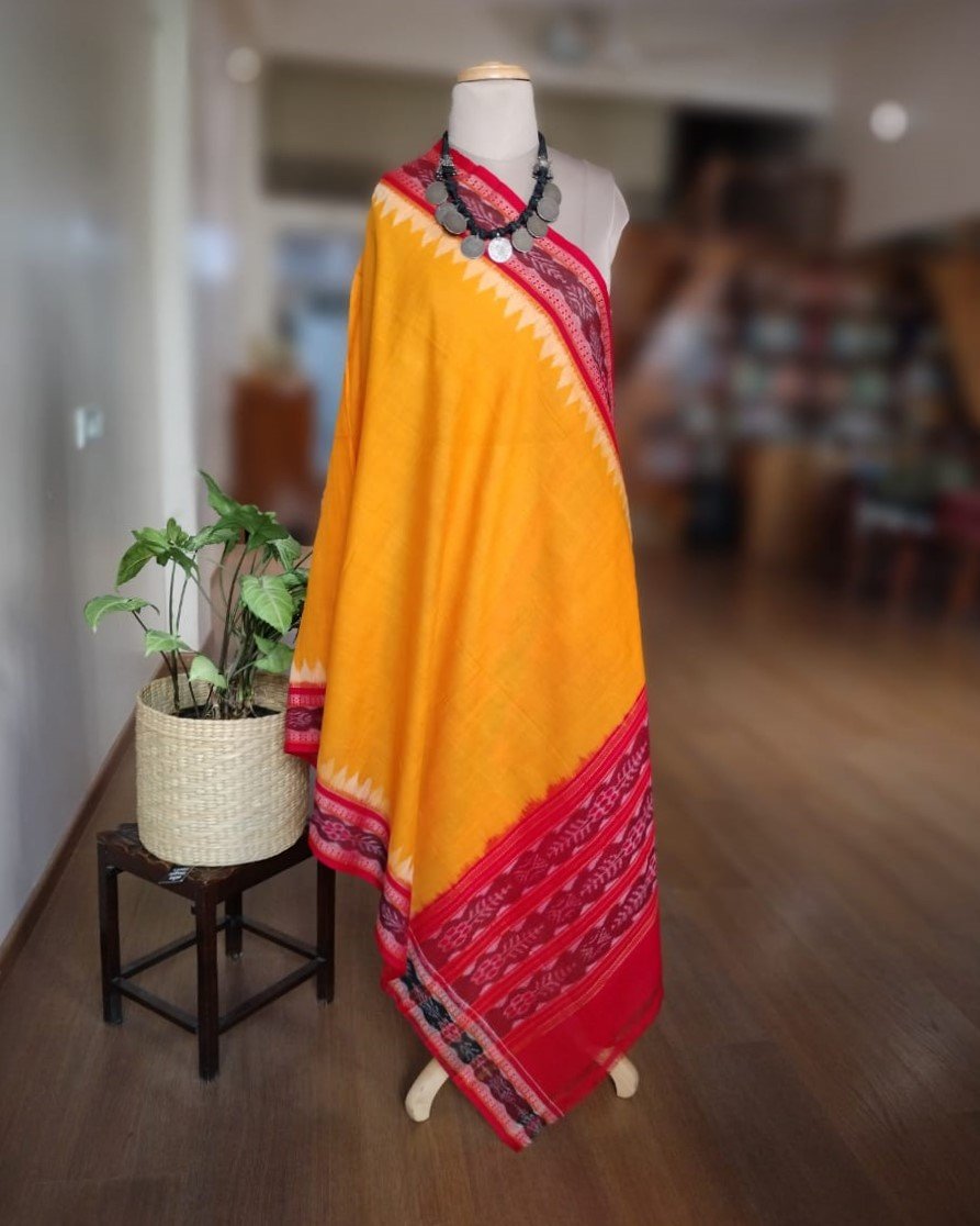 Single Ikat Odisha Dupatta - Yellow and Red - Image 4