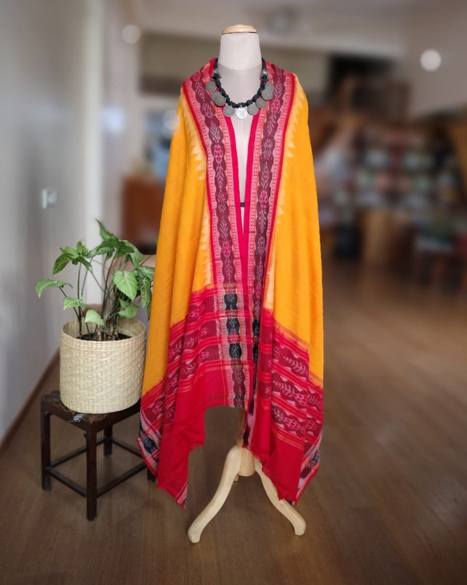 Single Ikat Odisha Dupatta - Yellow and Red
