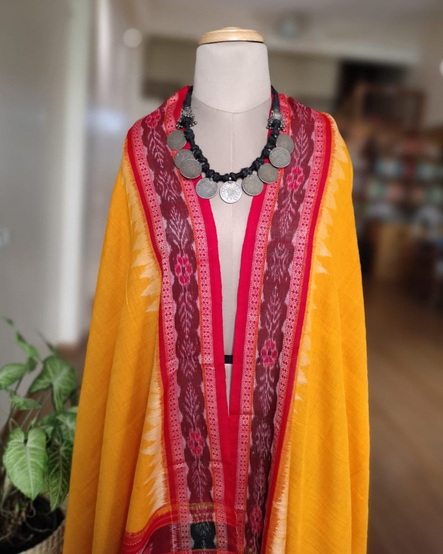 Single Ikat Odisha Dupatta - Yellow and Red - Image 2