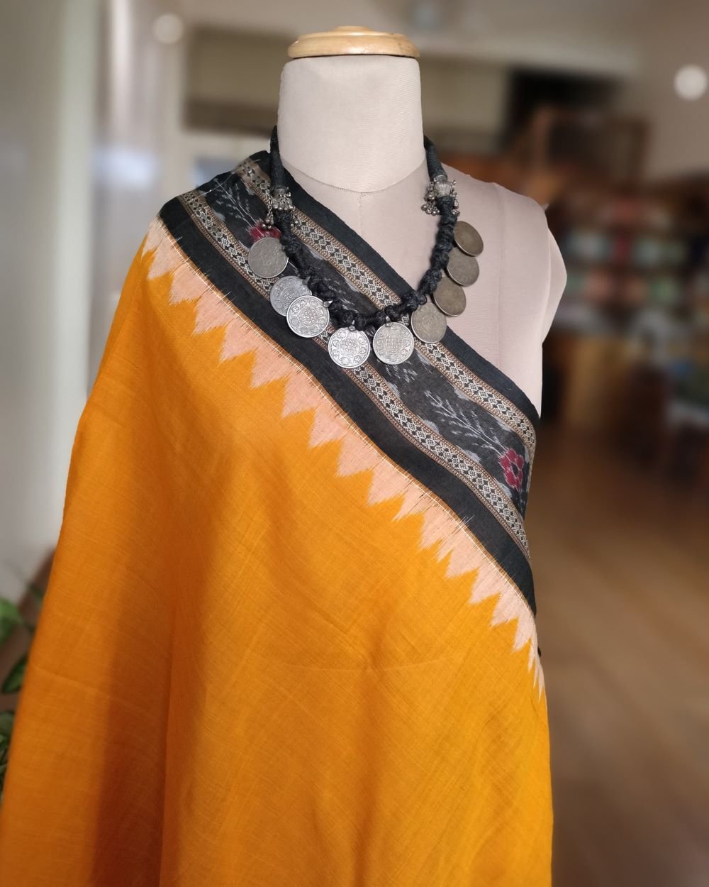 Single Ikat Odisha Dupatta - Yellow and Black - Image 5