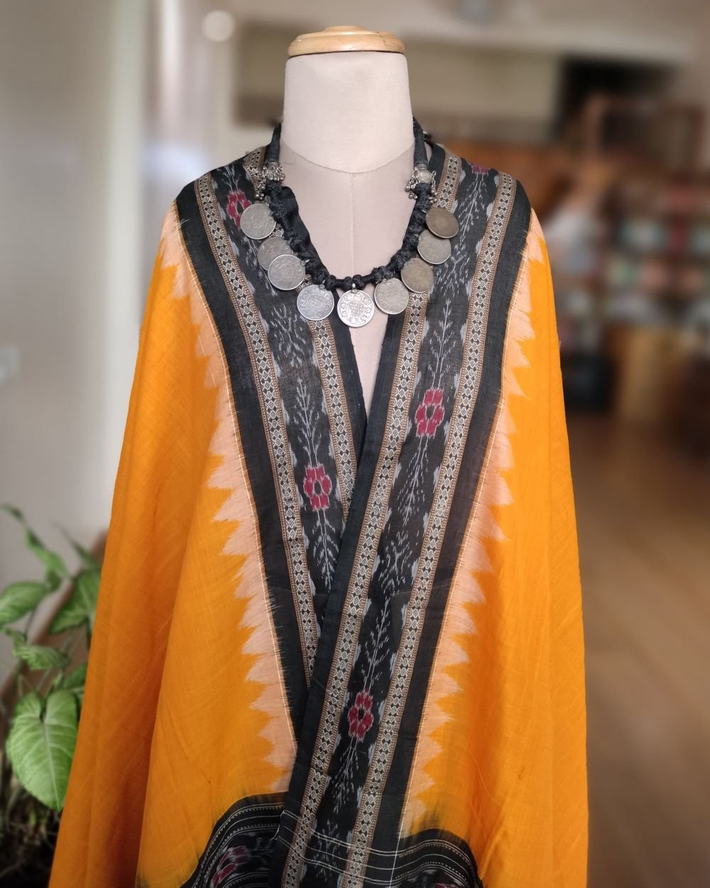 Single Ikat Odisha Dupatta - Yellow and Black - Image 2