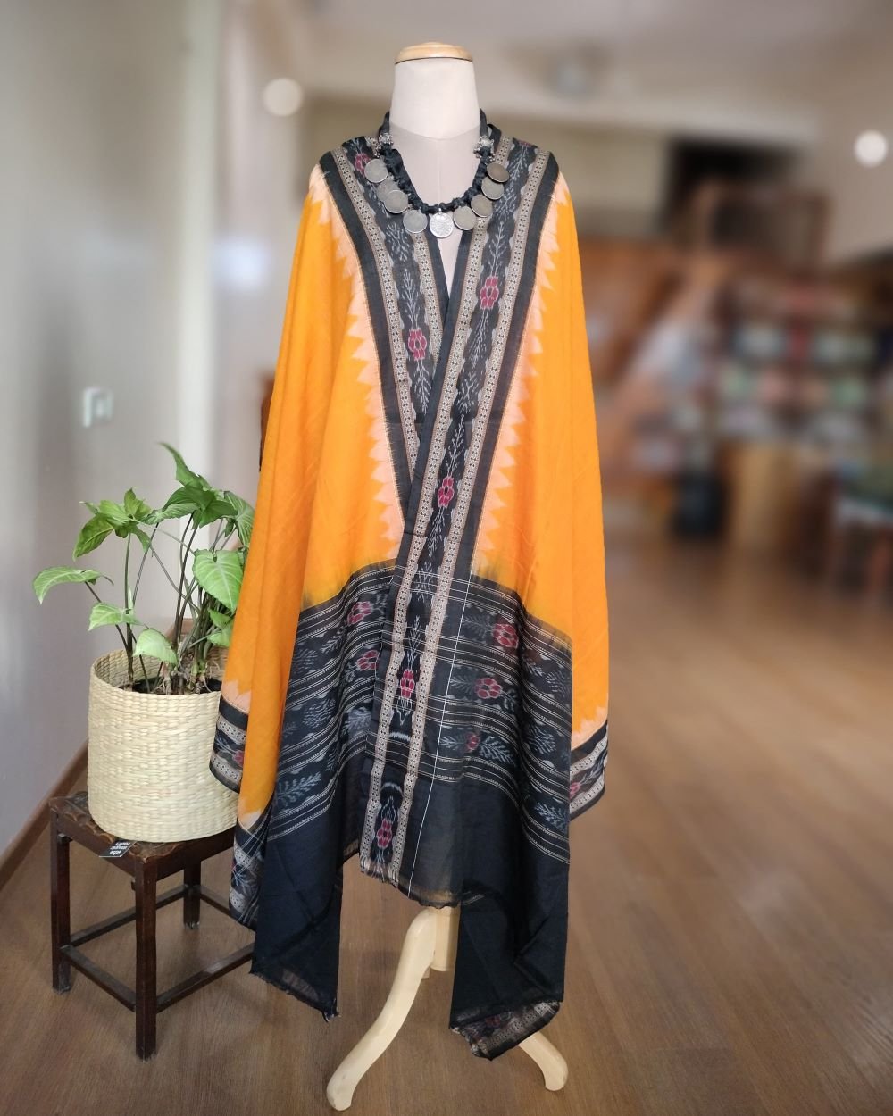 Single Ikat Odisha Dupatta - Yellow and Black