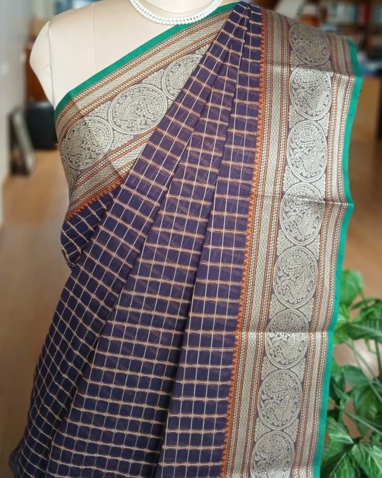 Kanchipuram Handweave in Cotton - Dark Jamun - Image 6