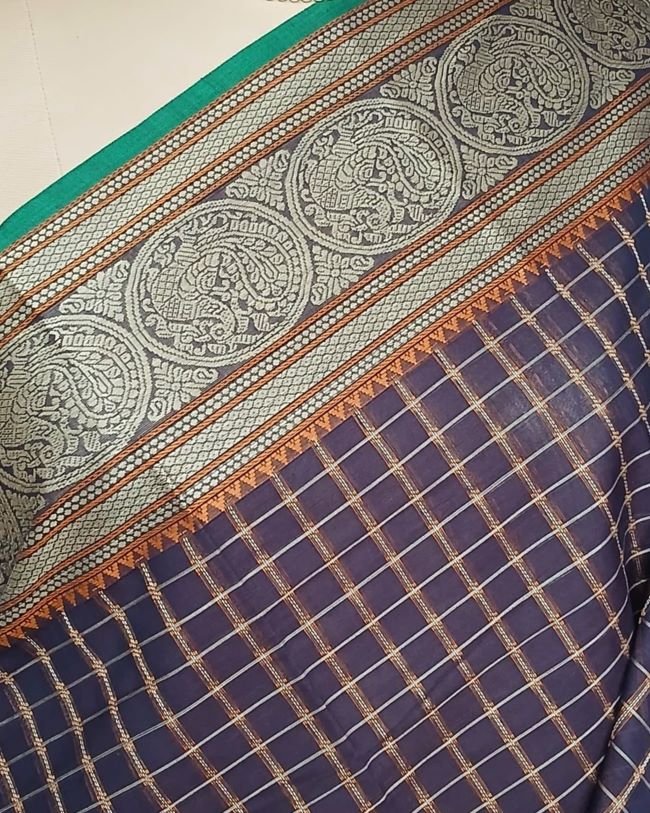 Kanchipuram Handweave in Cotton - Dark Jamun - Image 5