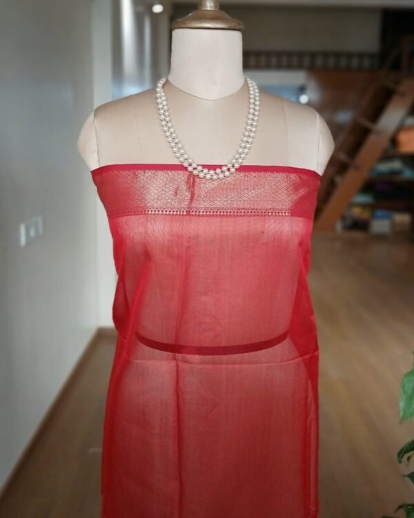 Maheshwari Silk Cotton Saree - Orange and Red - Image 4