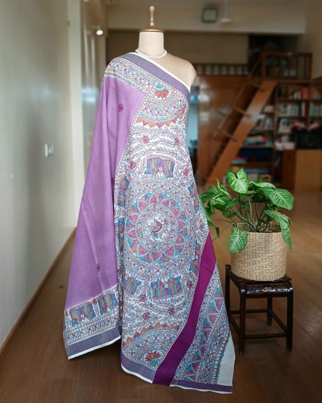 Madhubani Handpainted Saree on Cotton – (MADH1101) - Image 6