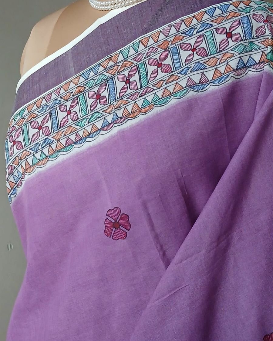 Madhubani Handpainted Saree on Cotton – (MADH1101) - Image 3