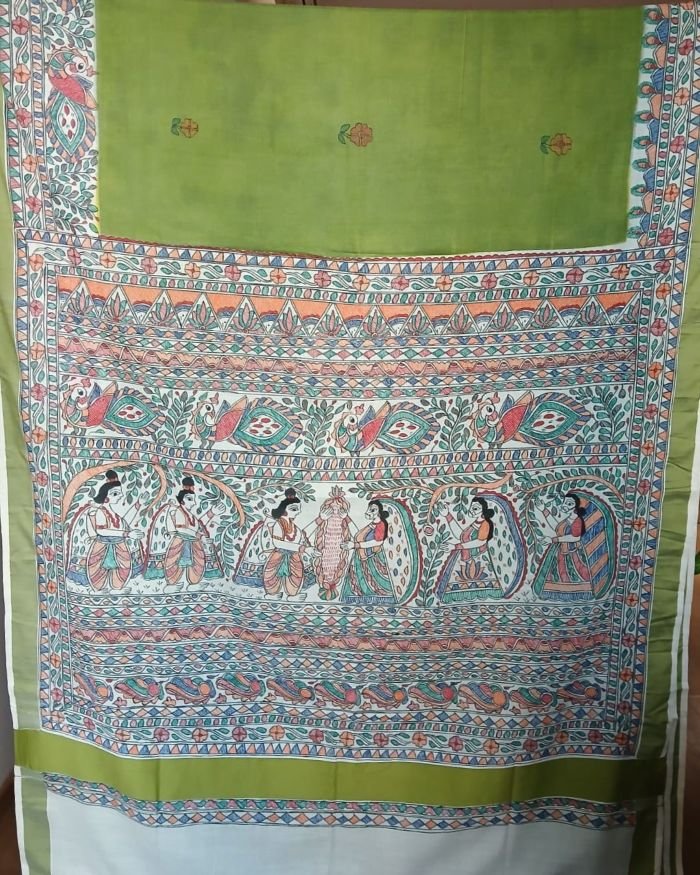 Madhubani Handpainted Saree on Cotton – (MADH1105) - Image 6