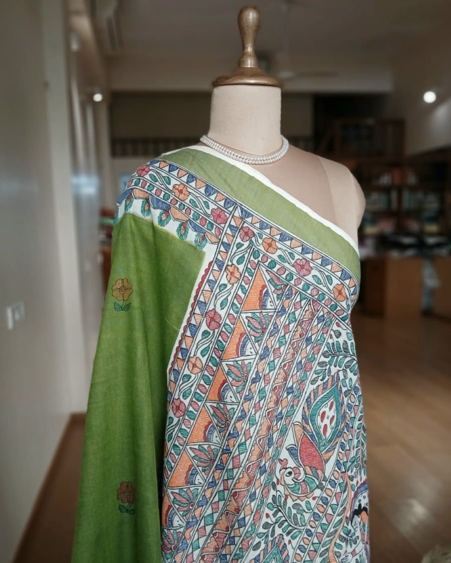 Madhubani Handpainted Saree on Cotton – (MADH1105) - Image 5