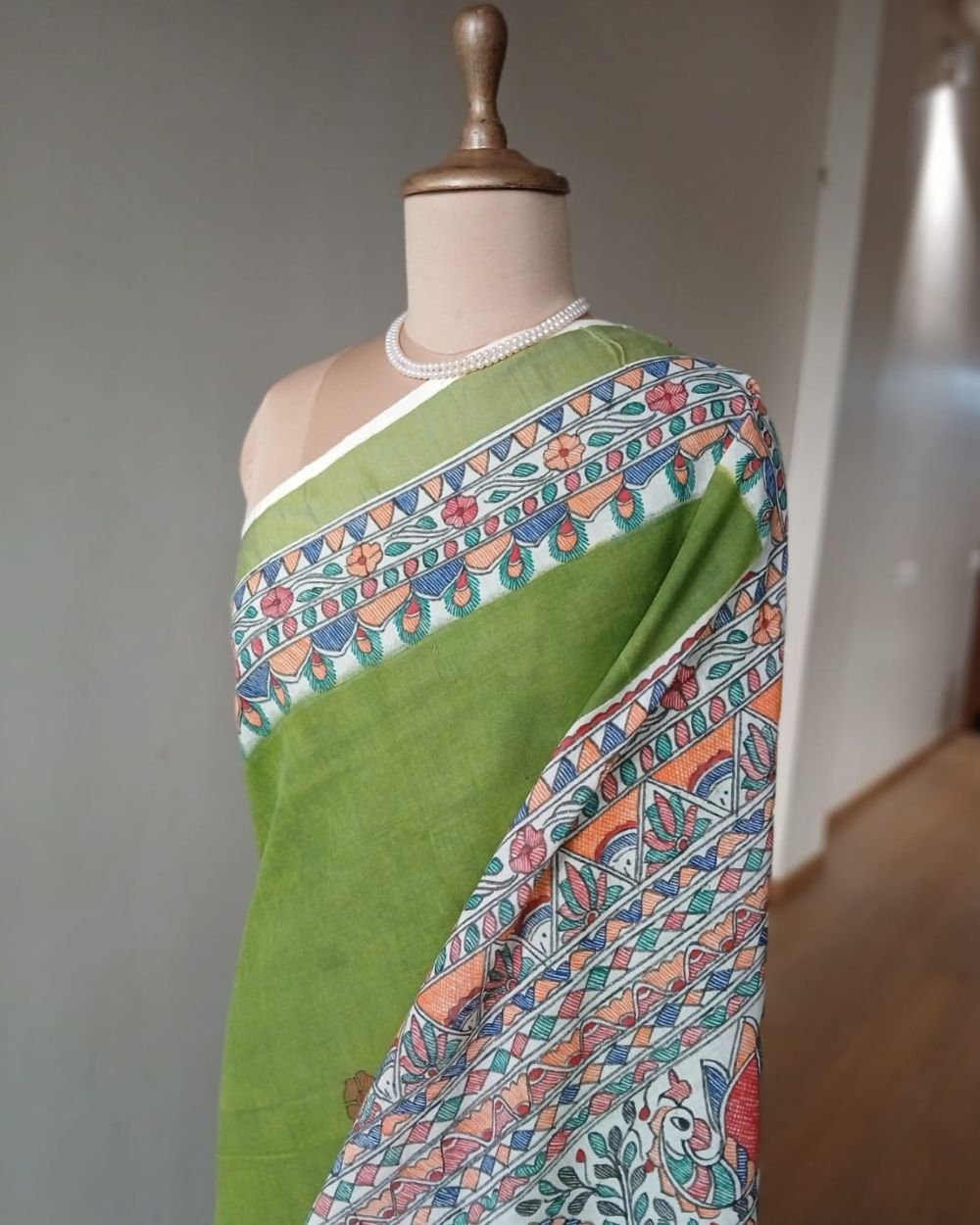 Madhubani Handpainted Saree on Cotton – (MADH1105) - Image 3