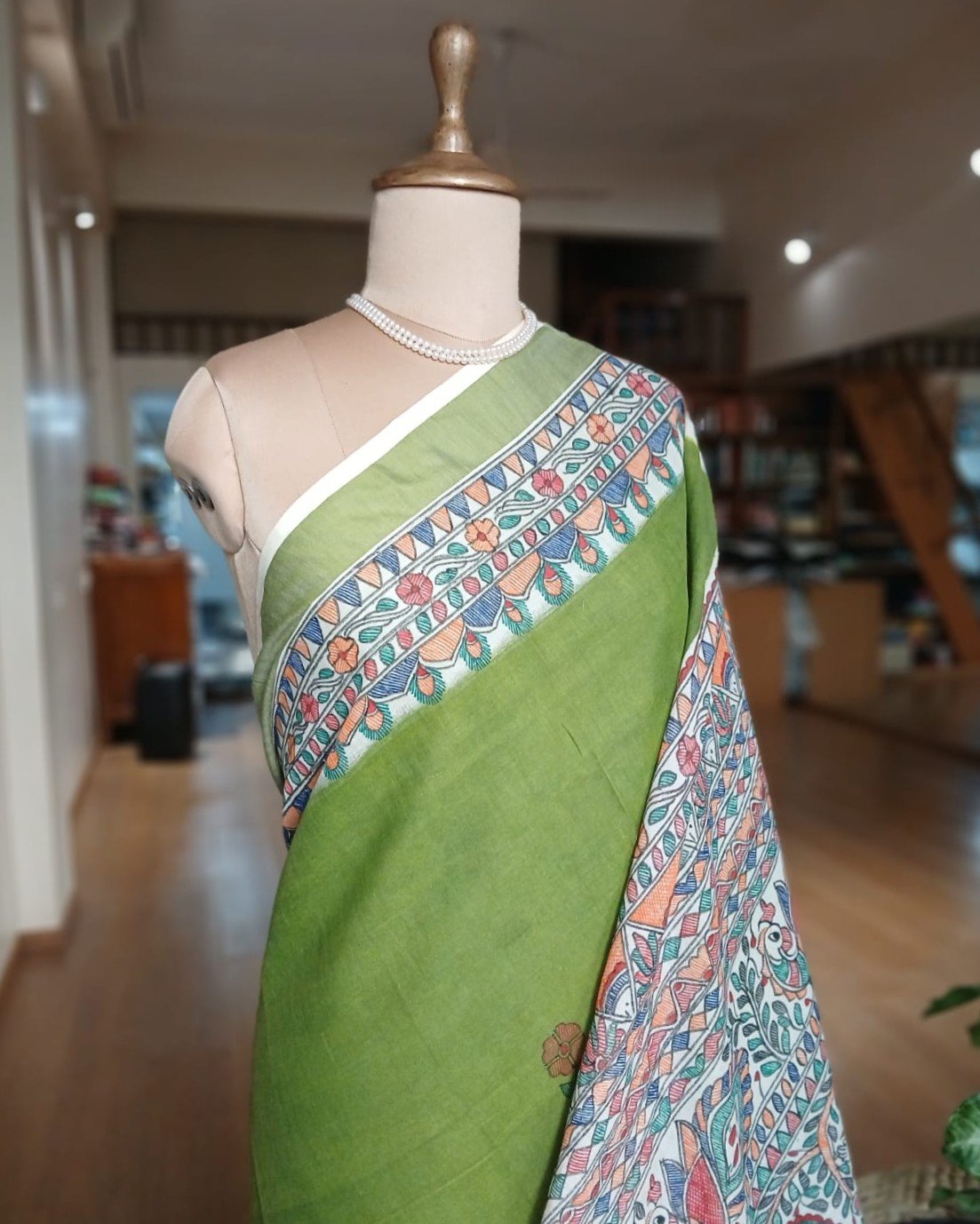 Madhubani Handpainted Saree on Cotton – (MADH1105) - Image 2