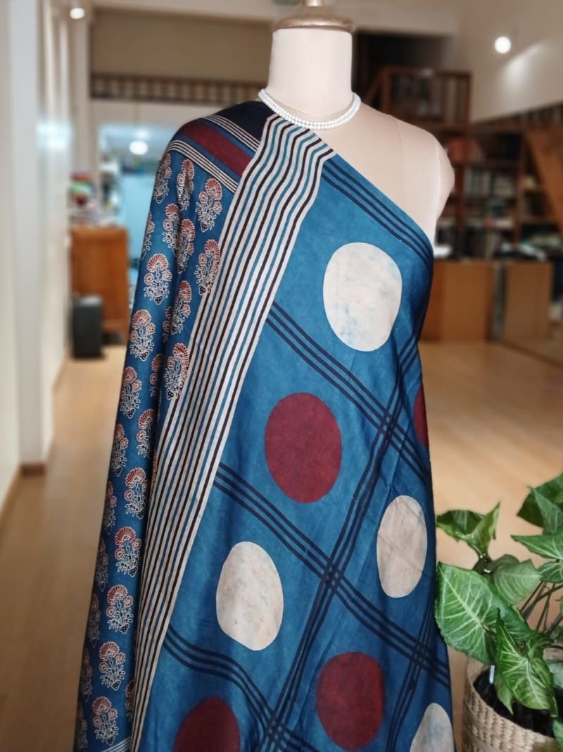 Ajrakh Modal Silk Saree from Barmer – (AMBS0011) - Image 4