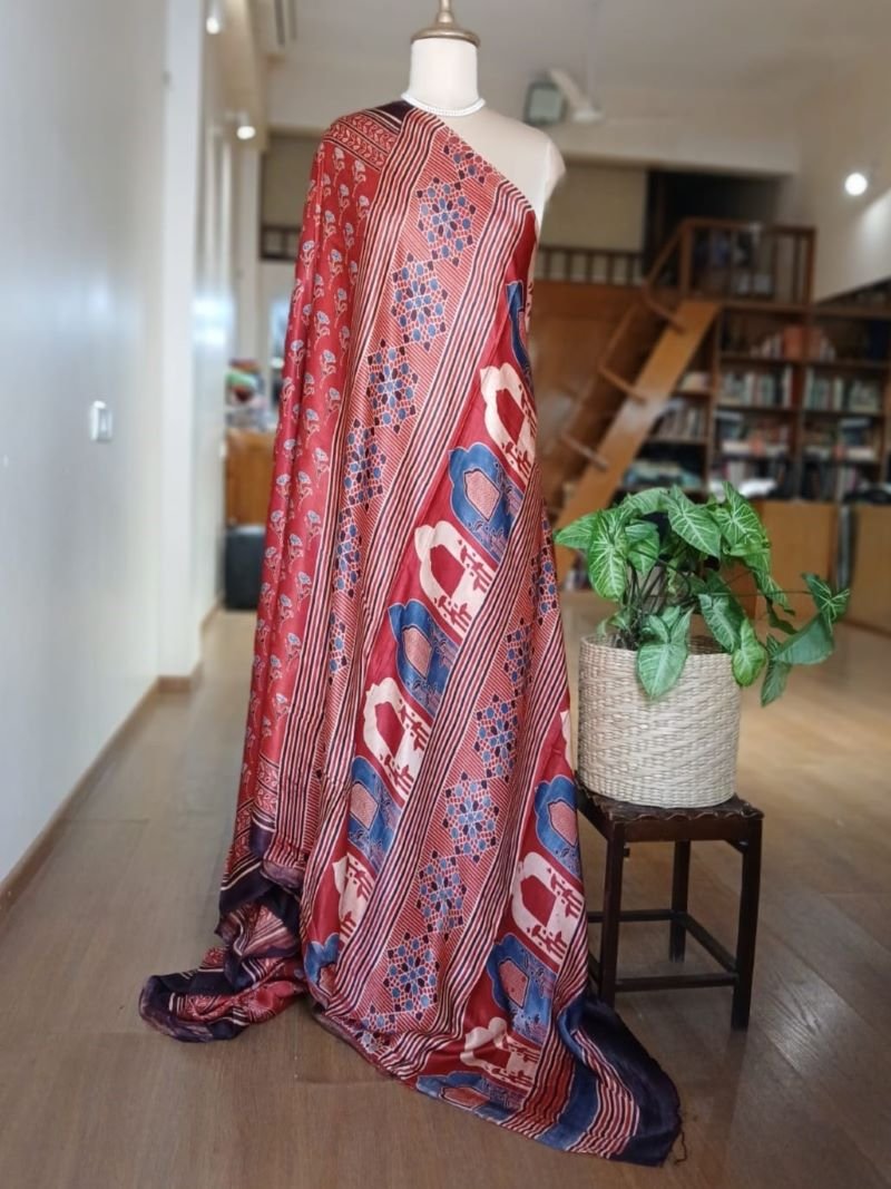 Ajrakh Modal Silk Saree from Barmer – (AMBS0012) - Image 3