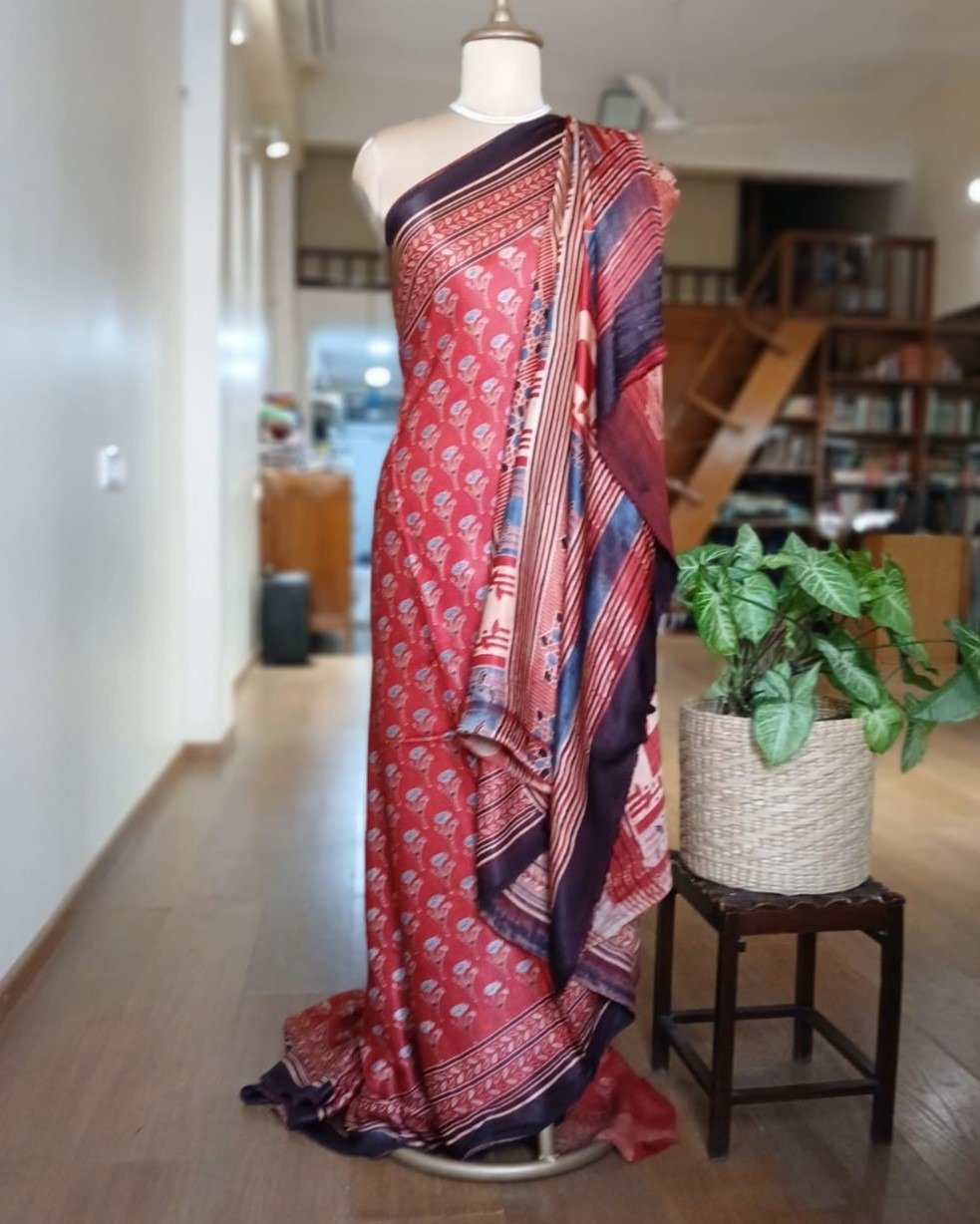 Ajrakh Modal Silk Saree from Barmer – (AMBS0012)