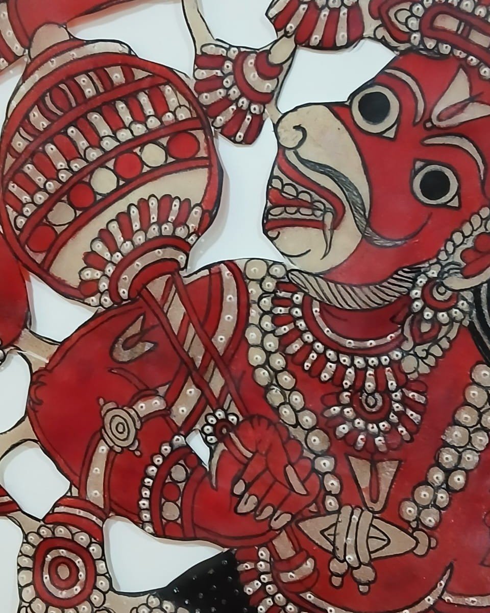 Togalu Gombeyaata Leather Puppet – Hanuman holding Rama's signet ring and Gada- (TGLP0005) - Image 3