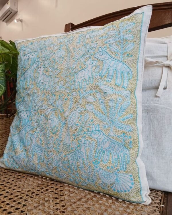 Set of 2 Mom and Baby Deer Reverse Kantha Cushion Covers – (RKCC0001) - Image 3
