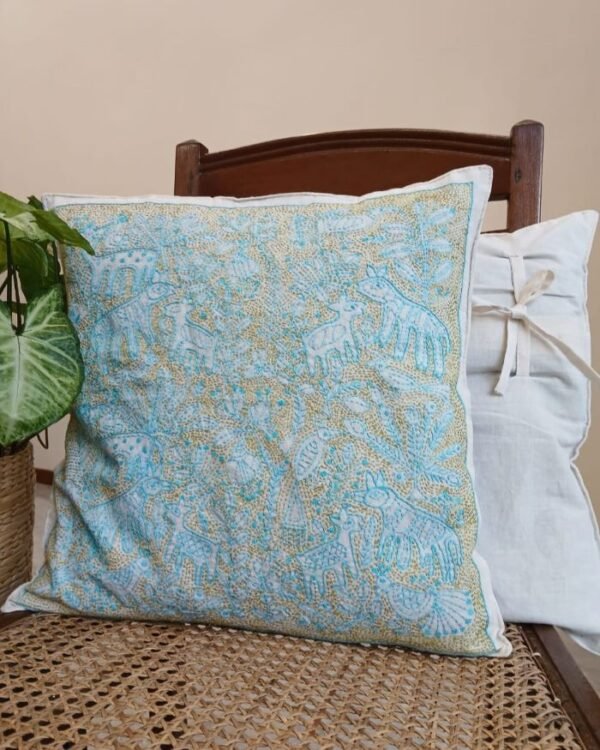 Set of 2 Mom and Baby Deer Reverse Kantha Cushion Covers – (RKCC0001)