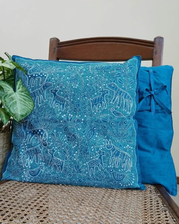 Set of 2 Mom and Baby Deer Reverse Kantha Cushion Covers – (RKCC0002)