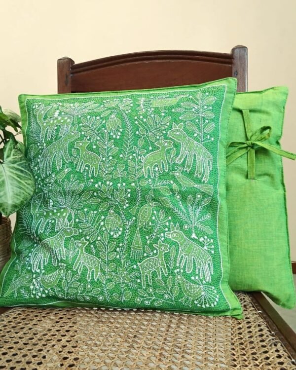 Set of 2 Mom and Baby Deer Reverse Kantha Cushion Covers – (RKCC0003)