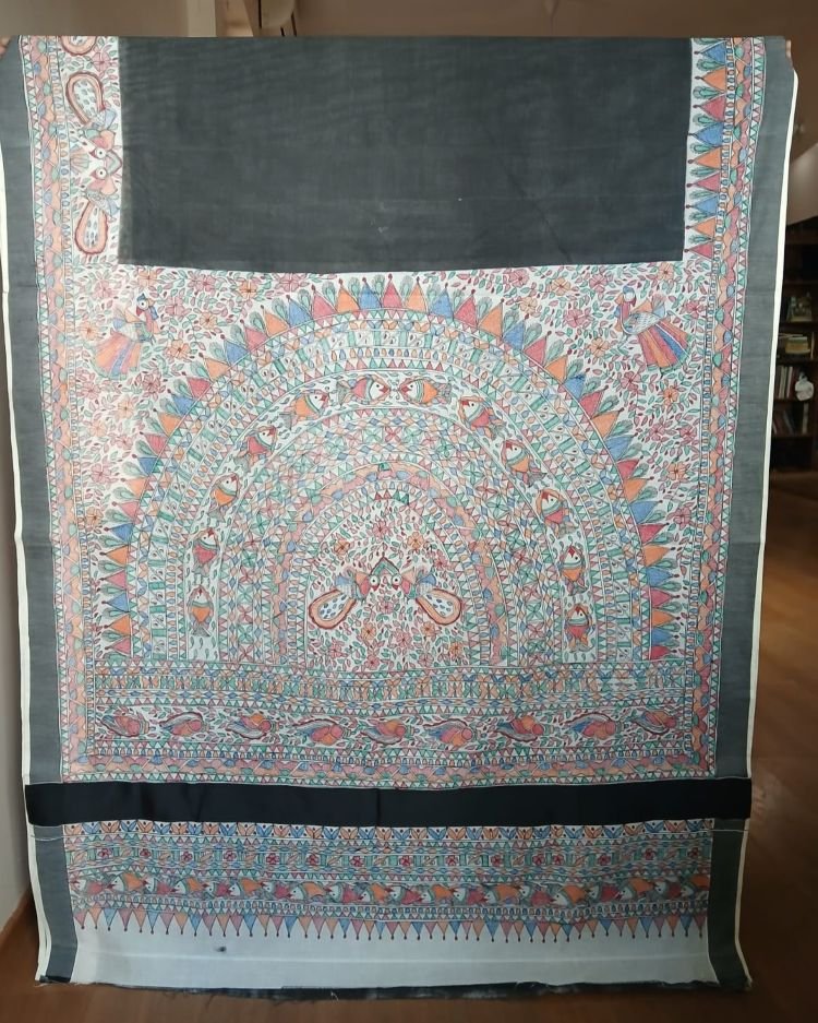 Madhubani Handpainted Saree on Cotton – (MADH1107) - Image 2