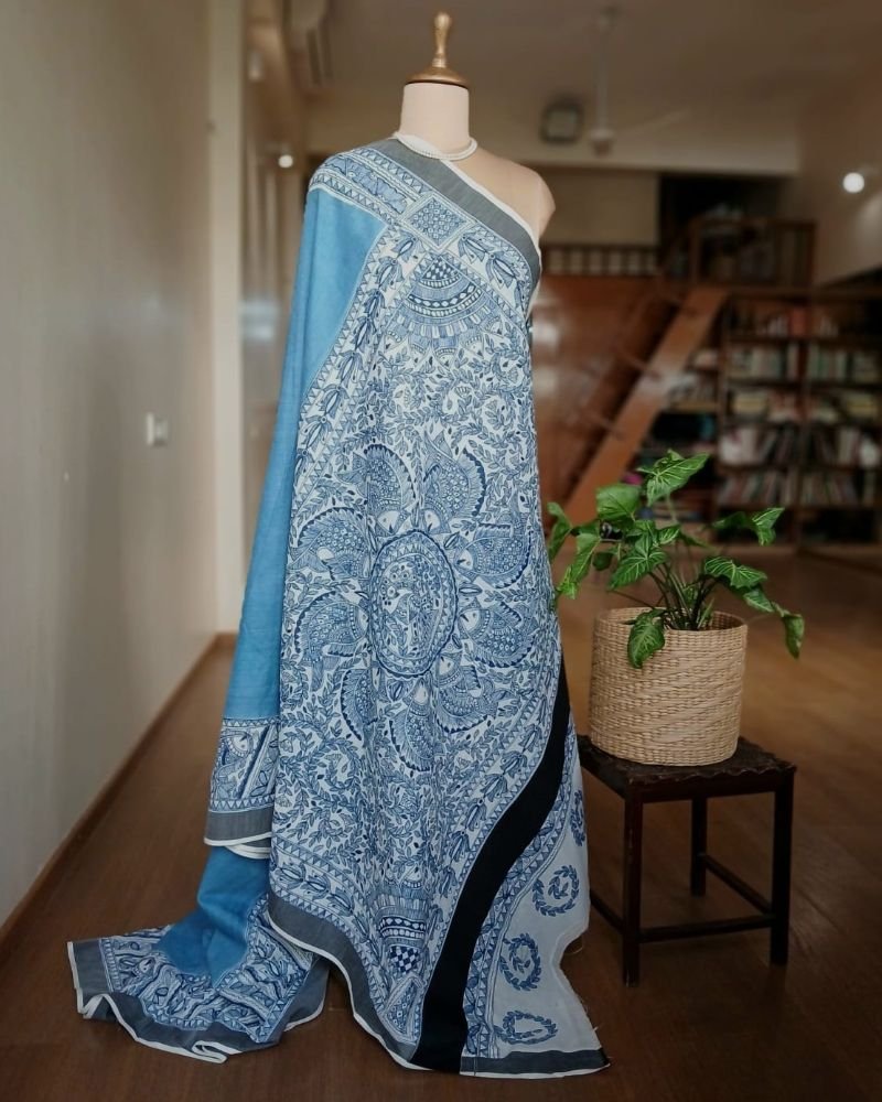 Madhubani Handpainted Saree on Cotton – (MADH1108) - Image 4