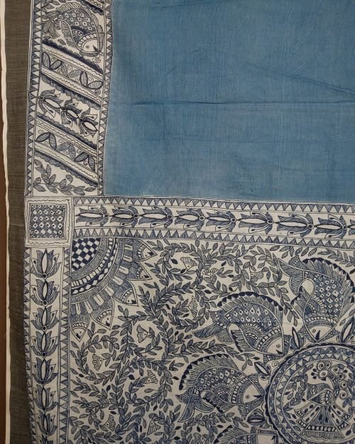 Madhubani Handpainted Saree on Cotton – (MADH1108) - Image 7