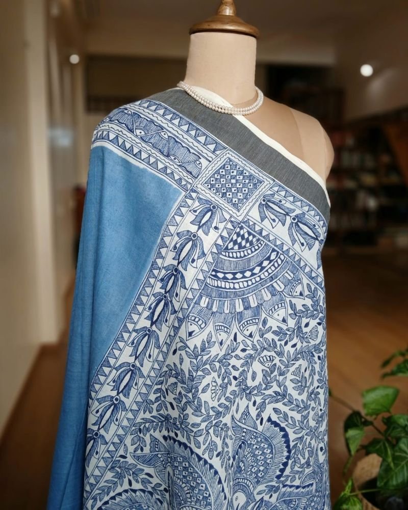 Madhubani Handpainted Saree on Cotton – (MADH1108) - Image 5