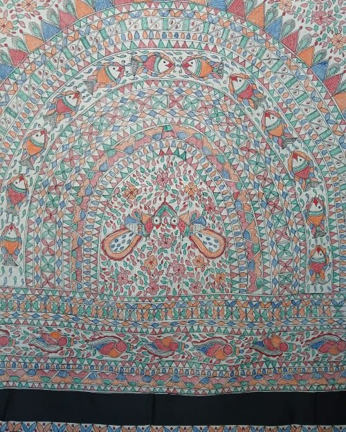 Madhubani Handpainted Saree on Cotton – (MADH1107) - Image 7
