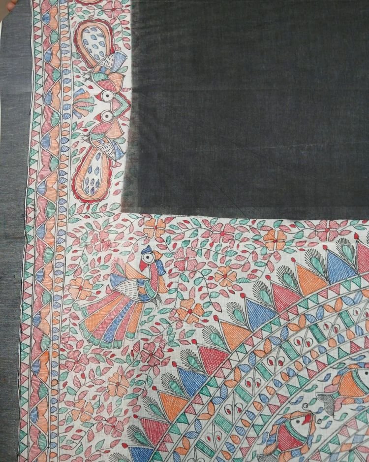 Madhubani Handpainted Saree on Cotton – (MADH1107) - Image 6