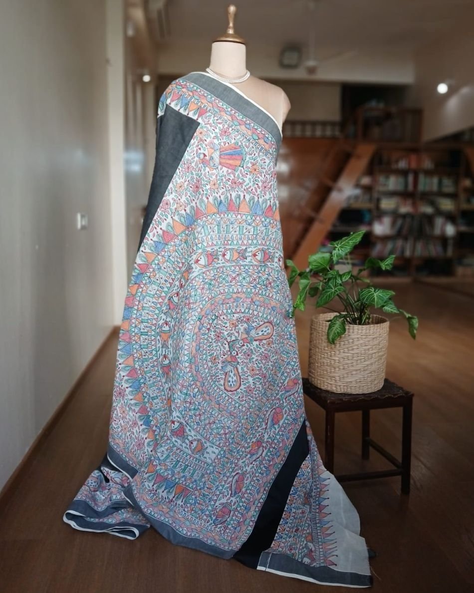 Madhubani Handpainted Saree on Cotton – (MADH1107) - Image 4