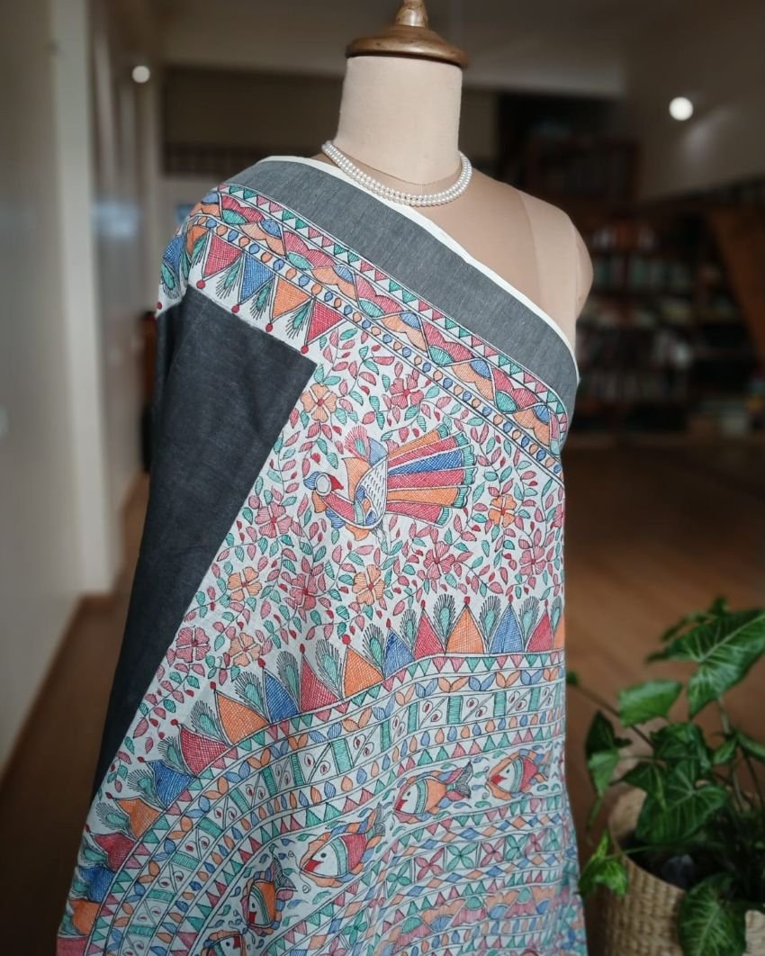 Madhubani Handpainted Saree on Cotton – (MADH1107) - Image 5
