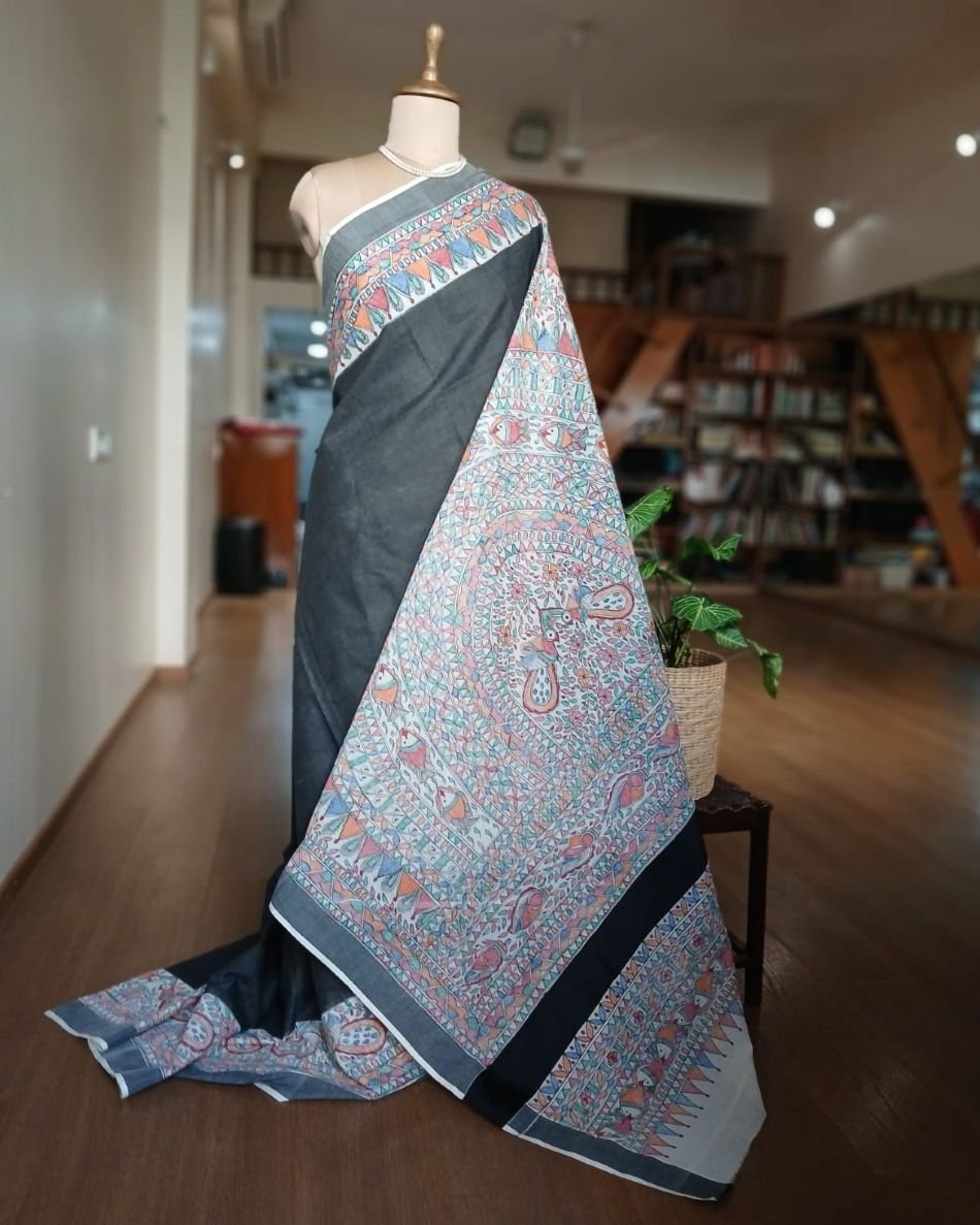 Madhubani Handpainted Saree on Cotton – (MADH1107)