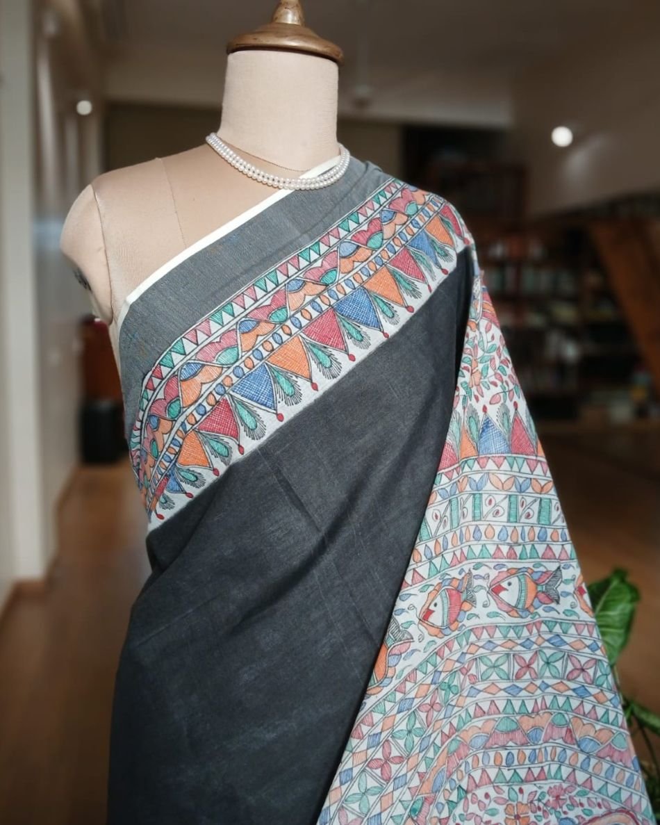 Madhubani Handpainted Saree on Cotton – (MADH1107) - Image 3