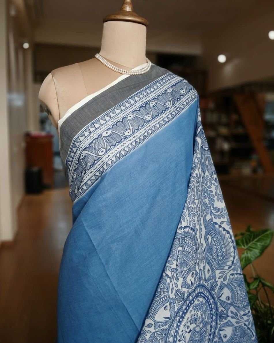 Madhubani Handpainted Saree on Cotton – (MADH1106) - Image 3