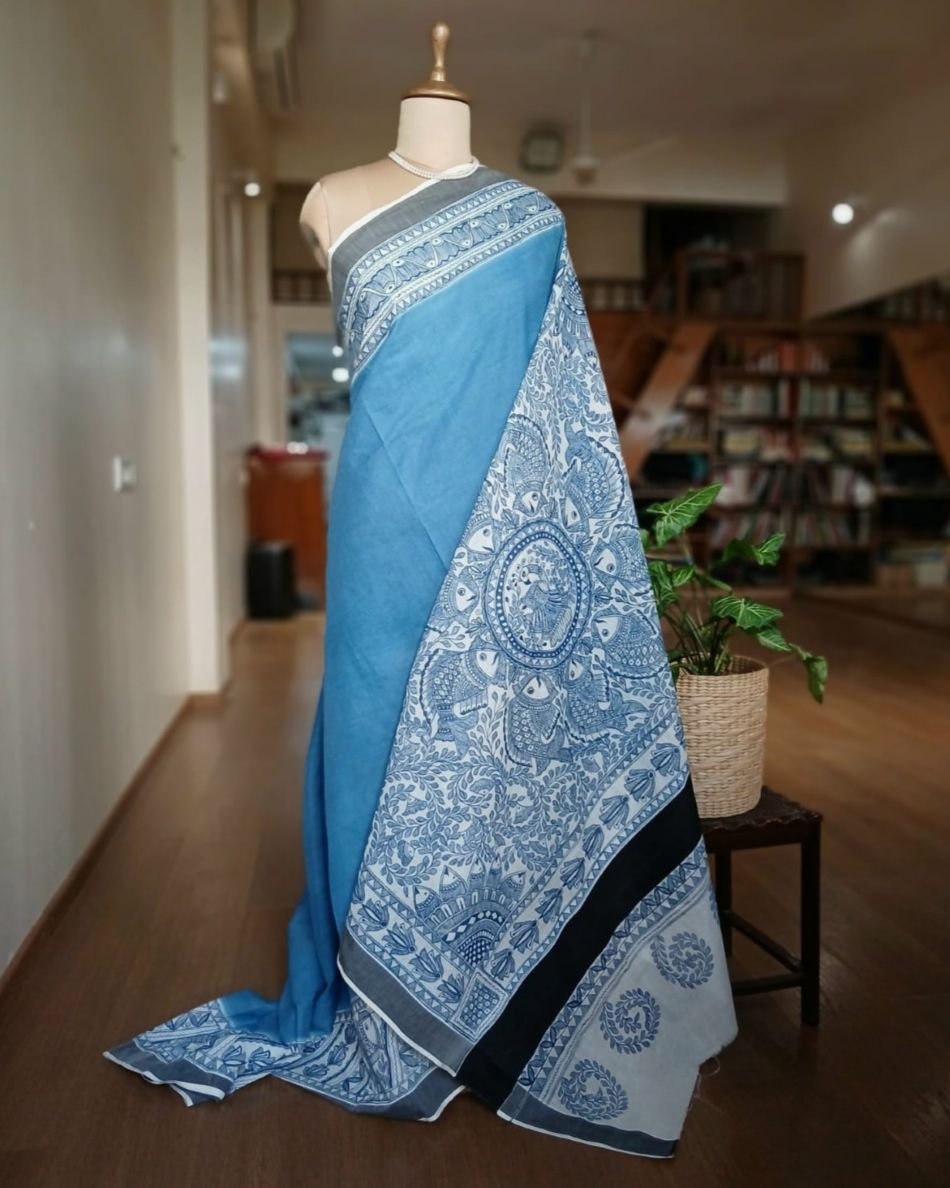 Madhubani Handpainted Saree on Cotton – (MADH1106)