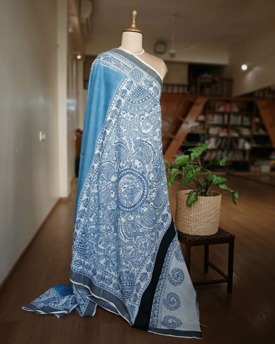 Madhubani Handpainted Saree on Cotton – (MADH1106) - Image 4