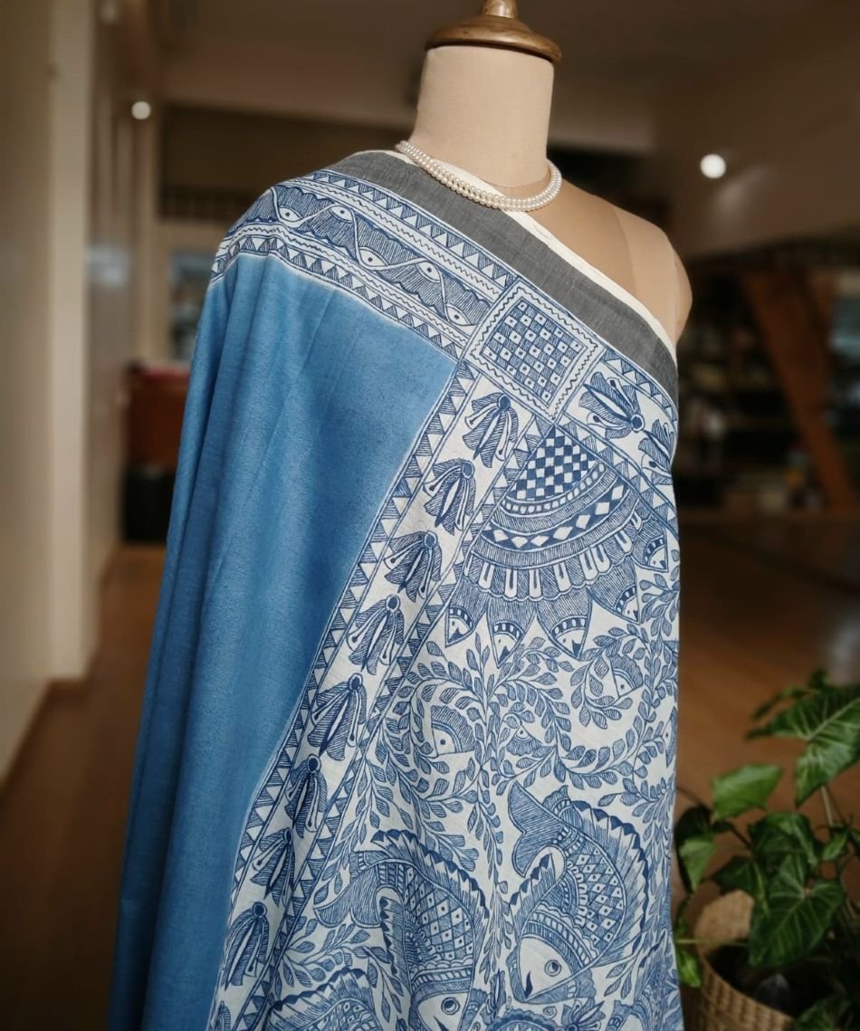 Madhubani Handpainted Saree on Cotton – (MADH1106) - Image 5