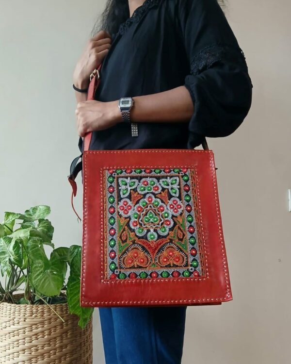 Embroidered Box Jhola Bag in Leather - (MKLB0007) - Image 2