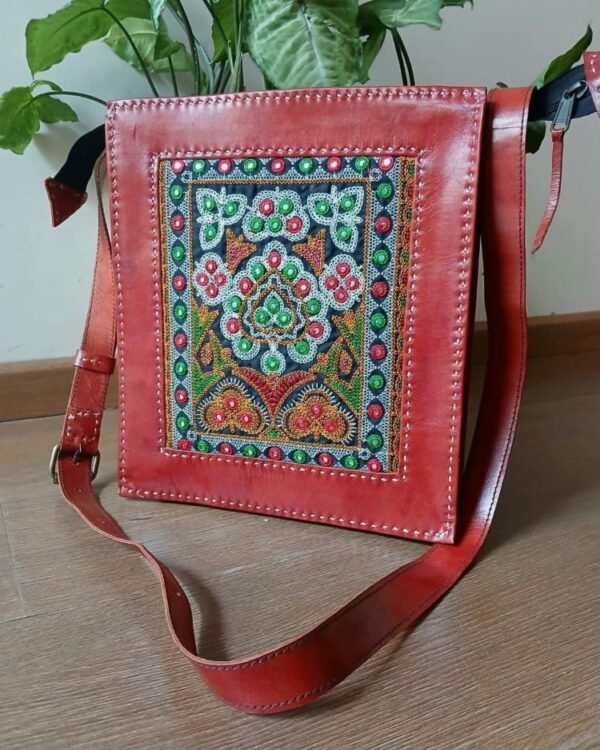 Embroidered Box Jhola Bag in Leather - (MKLB0007)