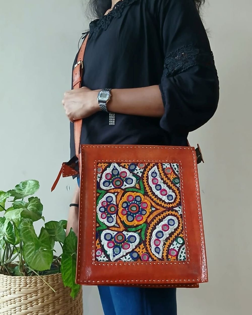Embroidered Box Jhola Bag in Leather - (MKLB0005) - Image 2