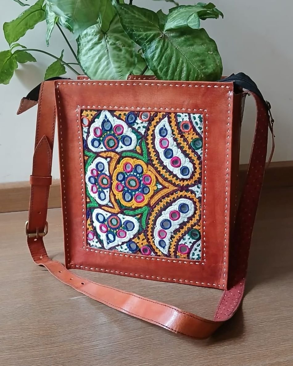 Embroidered Box Jhola Bag in Leather - (MKLB0005)