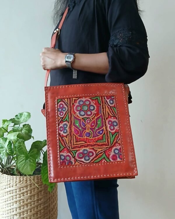 Embroidered Box Jhola Bag in Leather - (MKLB0006) - Image 2