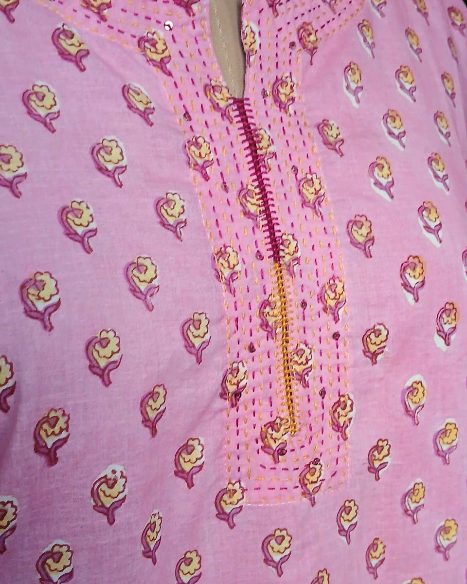 Blockprinted Short Kurti with embroidery on Yoke Size M – (BSKY0005) - Image 3